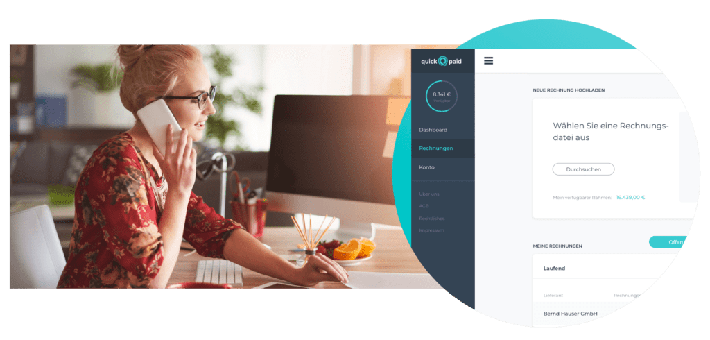 quickpaid_Frau - A.B.S. Global Factoring buy now pay later: junge Frau benutzt das Online-Portal von quickpaid.com